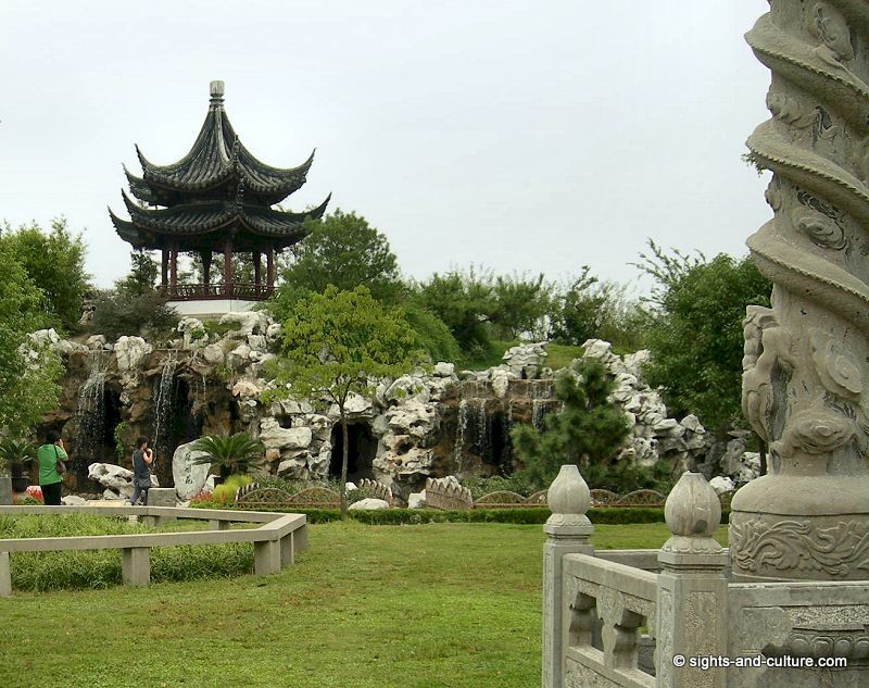 Suzhou garden with waterfalls